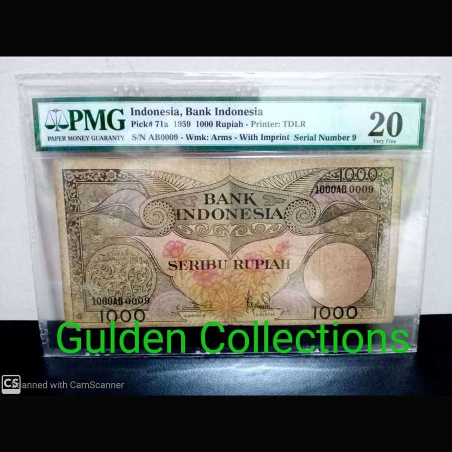 Indonesia 1000 Rupiah Seri Bunga 1959 Serial Number 9 VF PMG 20