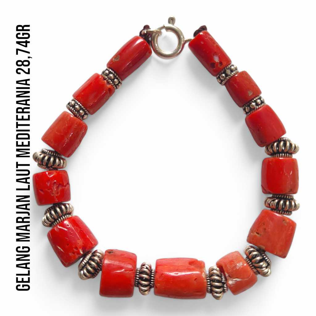 Gelang Marjan Corallium Rubrum Asli Laut Mediterania 28,74 Gram Dengan Kombinasi Pembatas Perak dan Pengait Perak