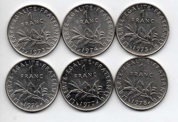 X70 Koin Prancis Pecahan 1 Francs Tahun 1973 1974 1975 1976 1977 1978  Total 6 Keping Kondisi Sesuai Gambar