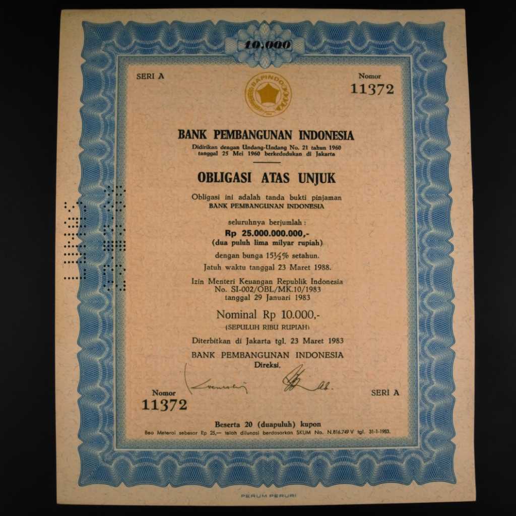 Koleksi Dokumen Obligasi Atas Unjuk Bank Pembangunan Indonesia Seri A Diterbitkan Di Jakarta 23 Maret 1983