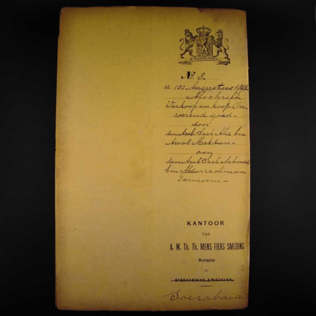 Koleksi Dokumen Tulis Tangan Akta Jual Beli Tanah Pemerintahan Hindia Belanda Kampung Ampel Wilayah Surabaya Tanggal 10 Agustus1898 No 8