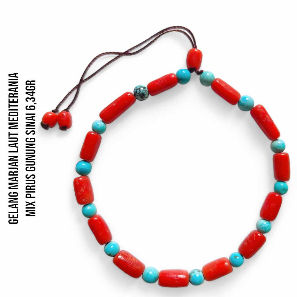 Gelang Marjan Corallium Rubrum Asli Laut Mediterania mix Pirus Turquoise Mesir Asli Gunung Sinai 6,34 Gram