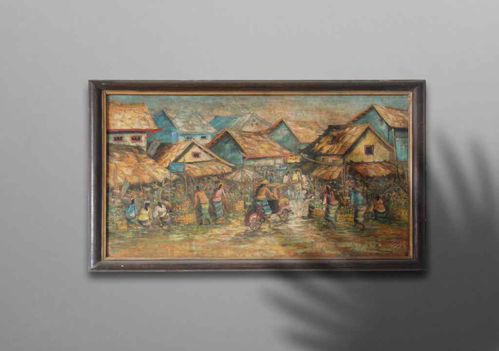 LUKISAN SUASANA PASAR ORANG NAIK BECAK