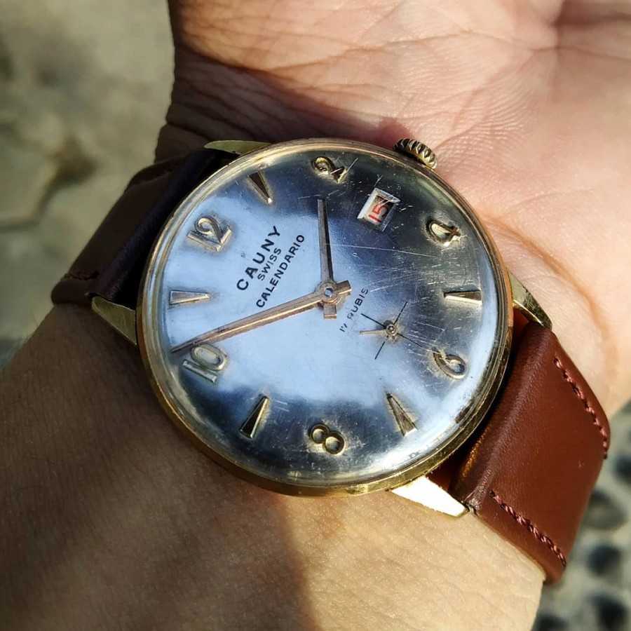 JAM TANGAN VINTAGE CAUNY SWISS CALENDARIO 17 RUBIS SUBSECOND , ARTDECO
