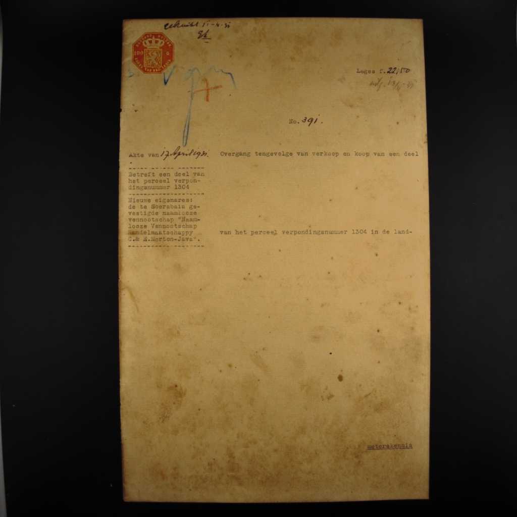 Koleksi Dokumen Pemerintahan Hindia Belanda Akta Jual Beli Tanah Kampung Ngagel Kidul Wilayah Surabaya Tanggal 17 April 1931 No 391
