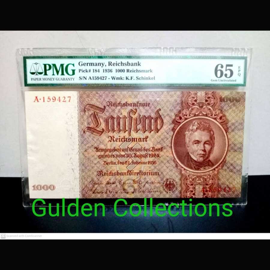 Uang Kuno Jerman 1000 Reichsmark 1936 UNC PMG 65 Epq Germany
