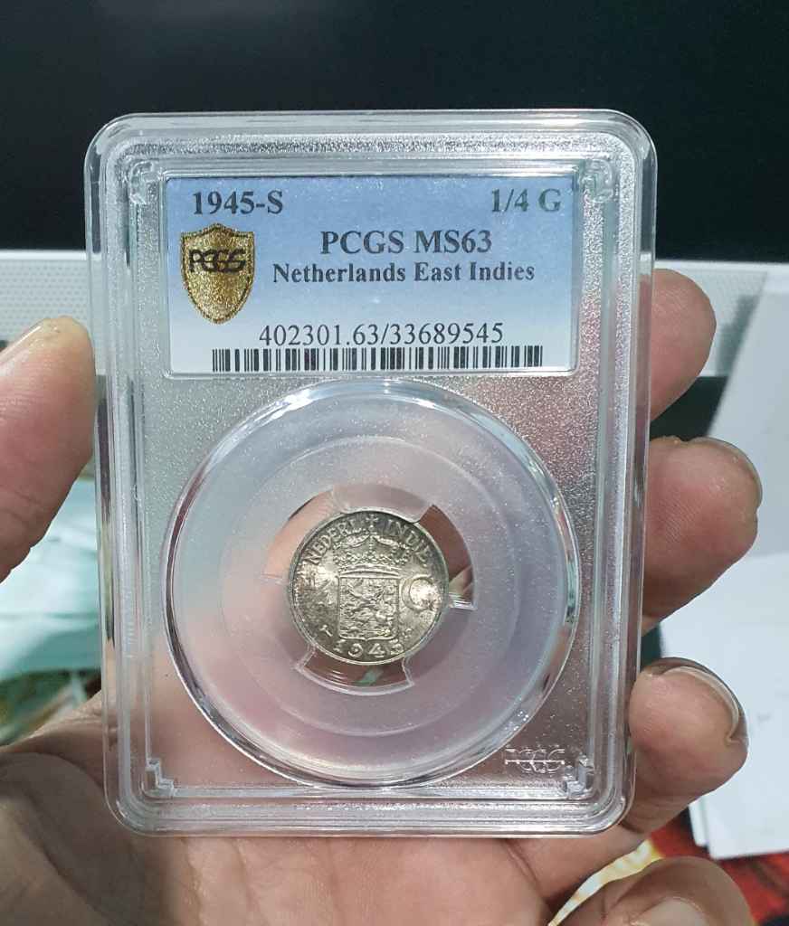 1945 Netherlands East Indies 1/4 Gulden PCGS MS 63 Golden Toning