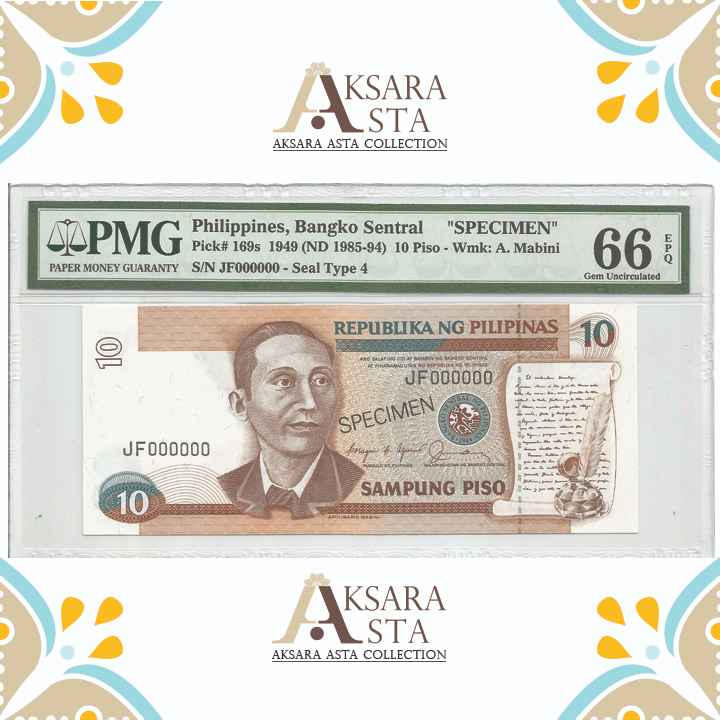 Nama barang : Uang Philippines 10 Peso th 1949 PMG 66 EPQ  Specimen