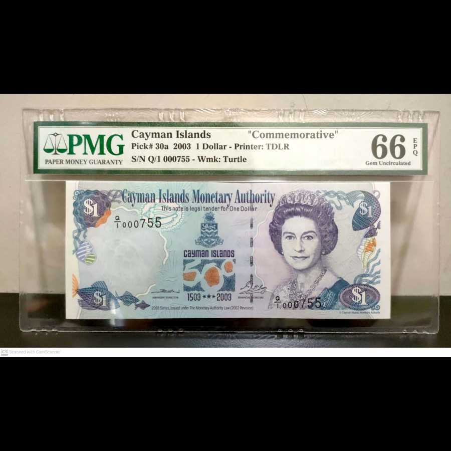 Cayman Islands 1 Dollars Commemorative UNC PMG 66 EPQ LOW SERIAL NUMBE