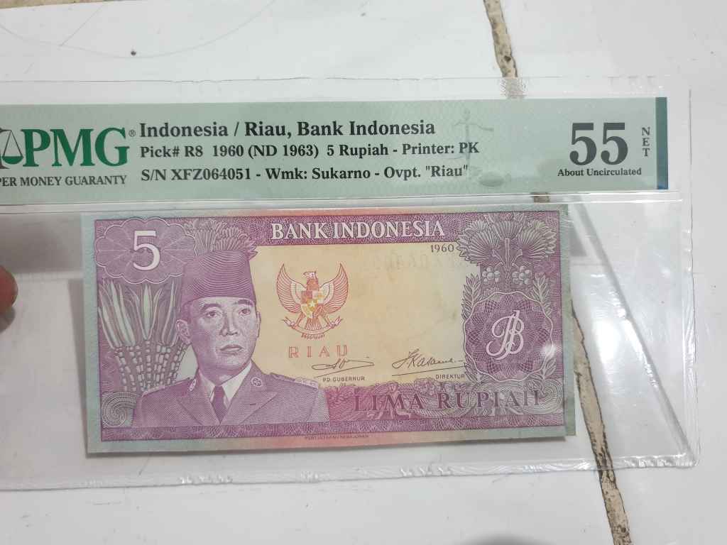 Uang soekarno riau rp5 1960 aunc pmg 55 rare