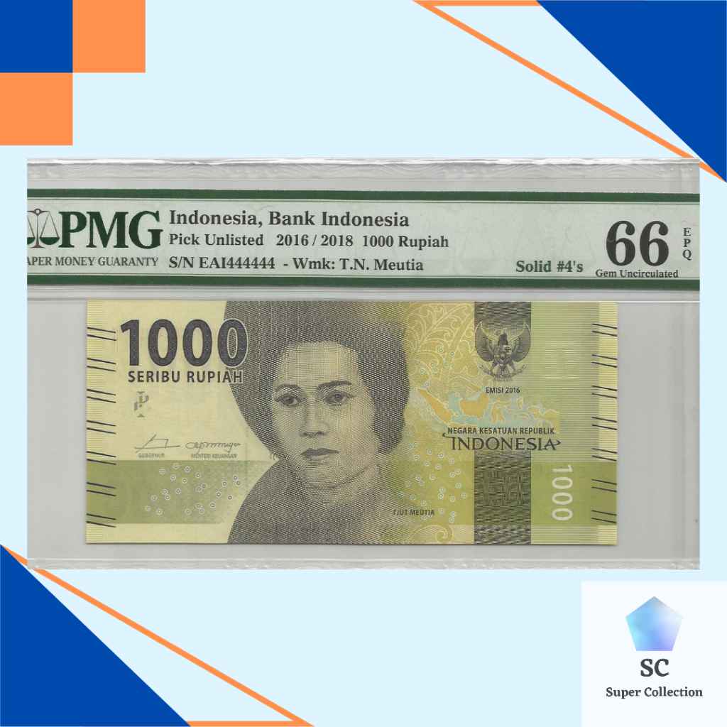Uang Indonesia 1000 Rupiah Cut Meutia PMG 66 Solid #4's
