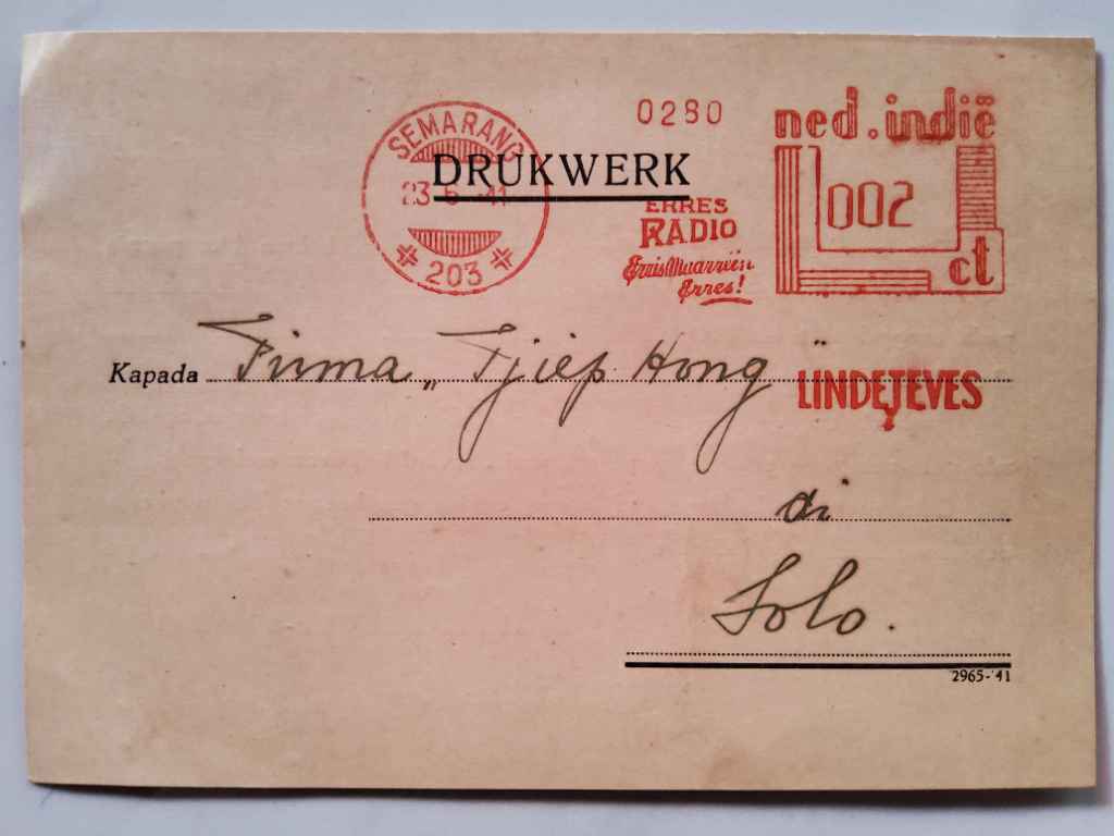 Kartu Pos "DRUKWERK"; Perangko NED INDIE 2 Ct: Semarang, 24 Juni 1941