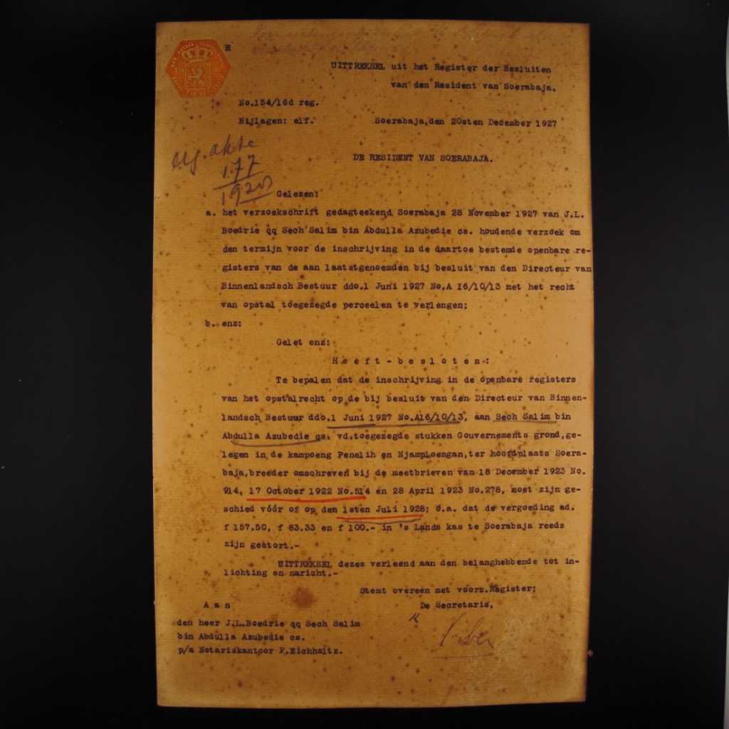 Koleksi Dokumen Akta Jual Beli Tanah Pemerintahan Hindia Belanda Kampung Nyamplungan Wilayah Surabaya Tanggal 20 Desember Tahun 1927 No 154
