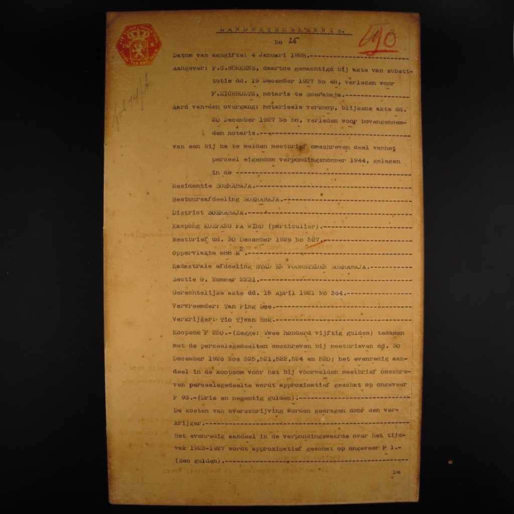 Koleksi Dokumen Akta Jual Beli Tanah Pemerintahan Hindia Belanda Kampung Kupang Pawiro Wilayah Surabaya Tanggal 18 Januari 1928 No 25