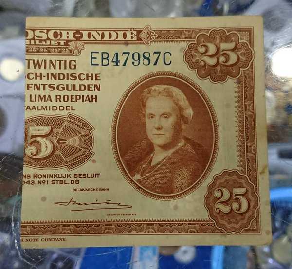 BL2500 Uang Senering 25 Gulden Tahun 1943 Bekas Sesuai Gambar