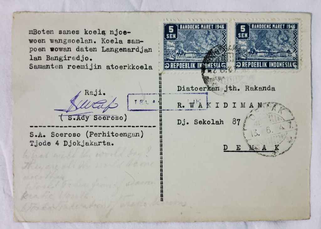 Kartu Pos Revolusi; Petapan  7-6-'47 ,  dengan 2 buah Perangko; 5 Sen Repoeblik Indonesia