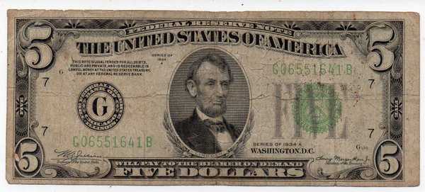 Bl 1723 USD - Amerika 5 Dollar Tahun 1934 Bekas Pakai Sesuai gambar