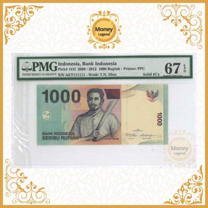 Uang Indonesia 1000 Rupiah Pattimura PMG 67 Solid #1's