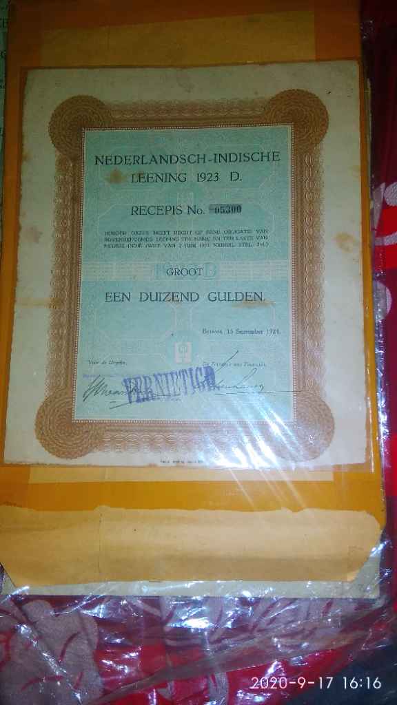 Dokumen Obligasi Recepist Batavia 1923