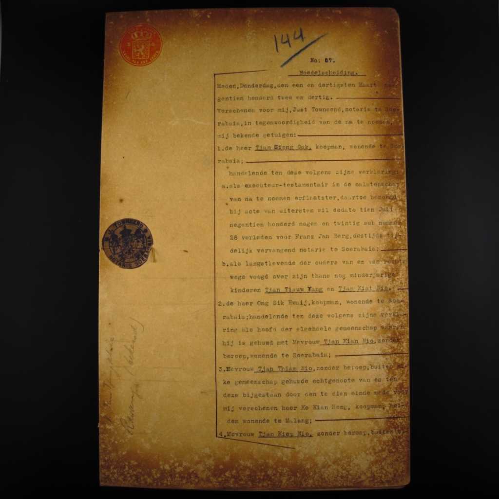 Koleksi Dokumen Pemerintahan Hindia Belanda Surat Keterangan Hak Waris Keluarga Tionghoa Wilayah Surabaya Tahun 1932 No 57