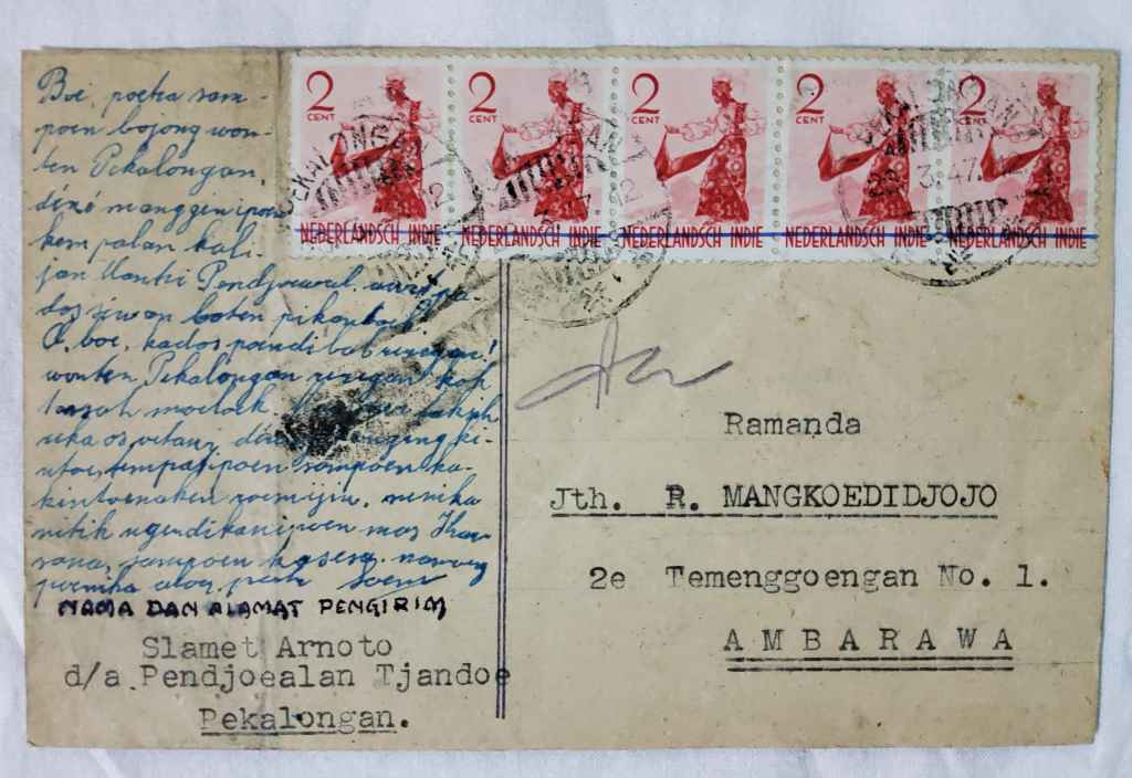 Kartu Pos Revolusi; Pekalongan 27-3-'47 ,  dengan 5 buah Perangko; 2 Cent  Nederlandsch Indie