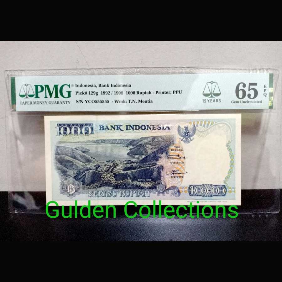 Uang Kuno 1000 Rupiah Lompat Batu 1992 Solid 555555 UNC PMG 65 epq
