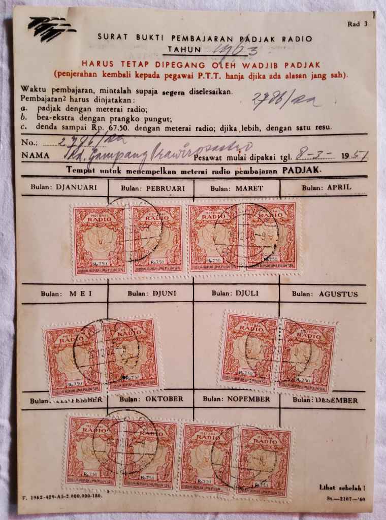 SURAT BUKTI PEMBAYARAN PADJAK RADIO NO. 2786/zn ; tahun 1963 : bukti pembayaran 12 buah materai Pajak Radio Rp. 7.5 (Tudjuh Rupiah Lima Puluh Sen)