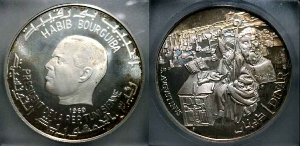 1969 Tunisia Silver Dinar History SAINT AUGUSTINE V ICG PROOF 68  Golden Toning