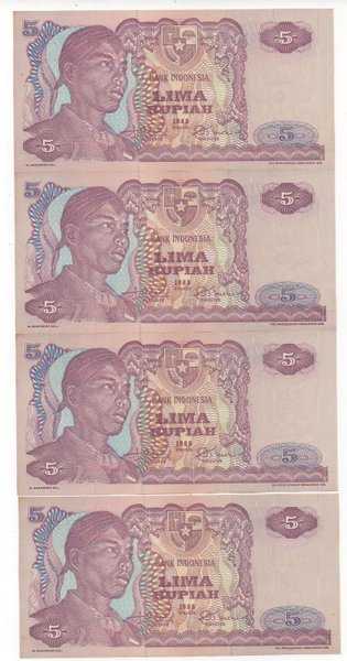 BL 548 4 Lembar Urut 5 Rupiah Tahun 1968 Soedirman UNC Flek halus Di Pinggir Lihat Diskripsi