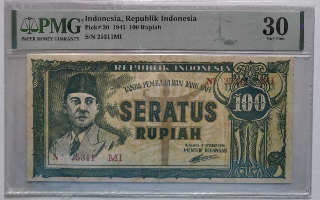 Uang Kuno ORI 100 Rupiah Tahun 1945 PMG 30 Polos
