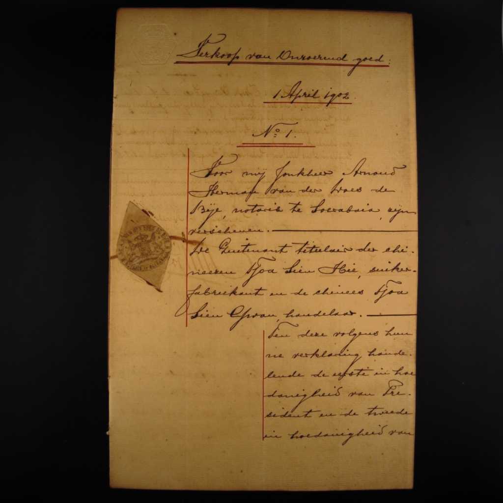 Koleksi Dokumen Tulis Tangan Akta Jual Beli Tanah Pemerintahan Hindia Belanda Wilayah Surabaya Tanggal 1 April 1902 No 1