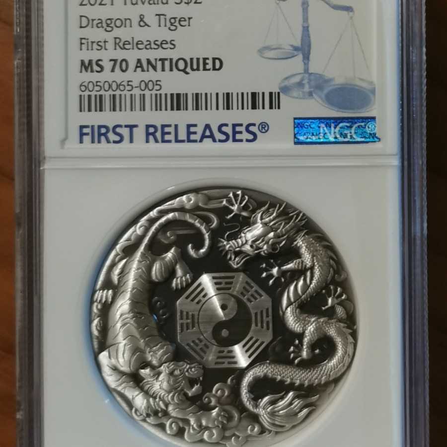 Koin perak silver 2 oz Tuvalu $2 2021 NGC MS 70 Antiqued Dragon Tiger
