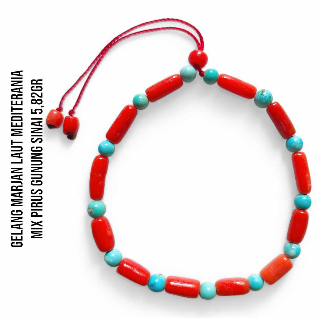 Gelang Marjan Corallium Rubrum Asli Laut Mediterania mix Pirus Turquoise Mesir Asli Gunung Sinai 5,82 Gram