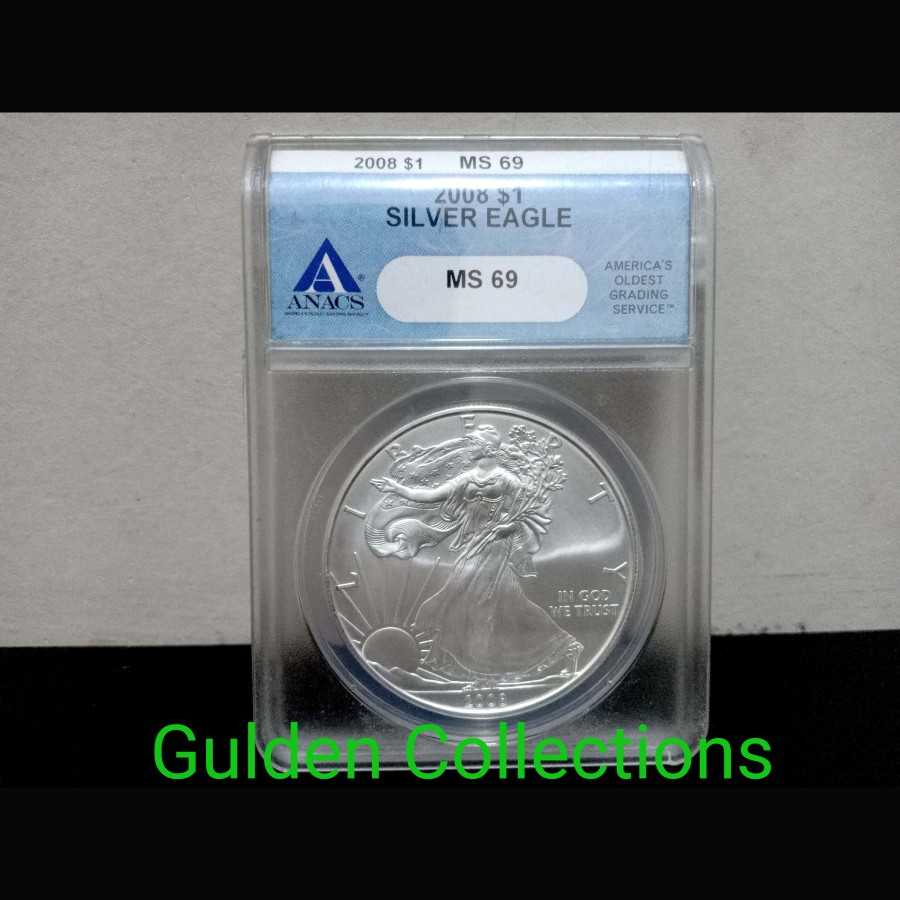 Koin Perak Silver Eagle 1 Dollar 2008 ANACS BUNC MS 69