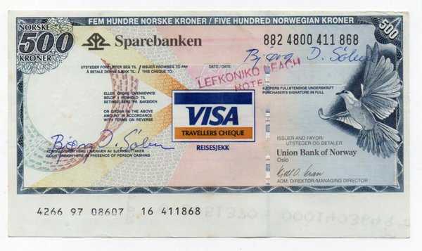 Travel Cek Bank Norway 500 Kroner