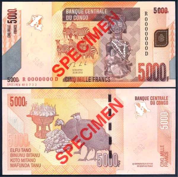 BL 1678 Specimen Congo 5000 Francs Tahun 2013 UNC Mulus Per 1 Lembar