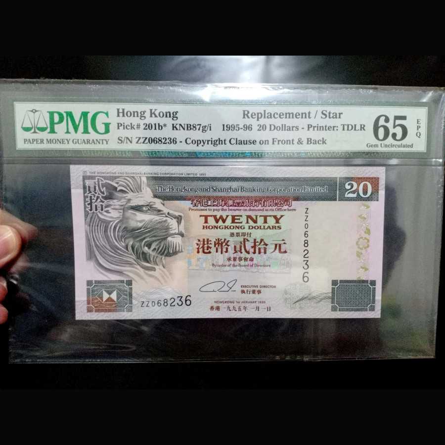 Uang Kuno Hongkong 20 Dollar 1995 UNC REPLACEMENT Pmg 65 Epq