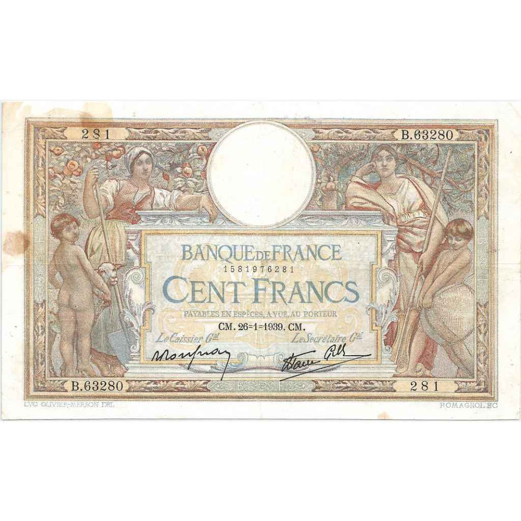 RARE Uang Kuno France 1939 100 Francs (Great Condition)
