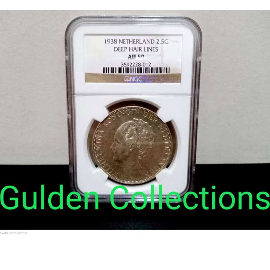 Koin Wilhelmina 2.5 gulden 1938 Rambut kasar NGC AU 50 koin perak
