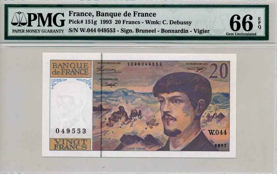 1993 FRANCE FRENCH 20 FRANC BANK NOTES PMG 66 EPQ PICK 151