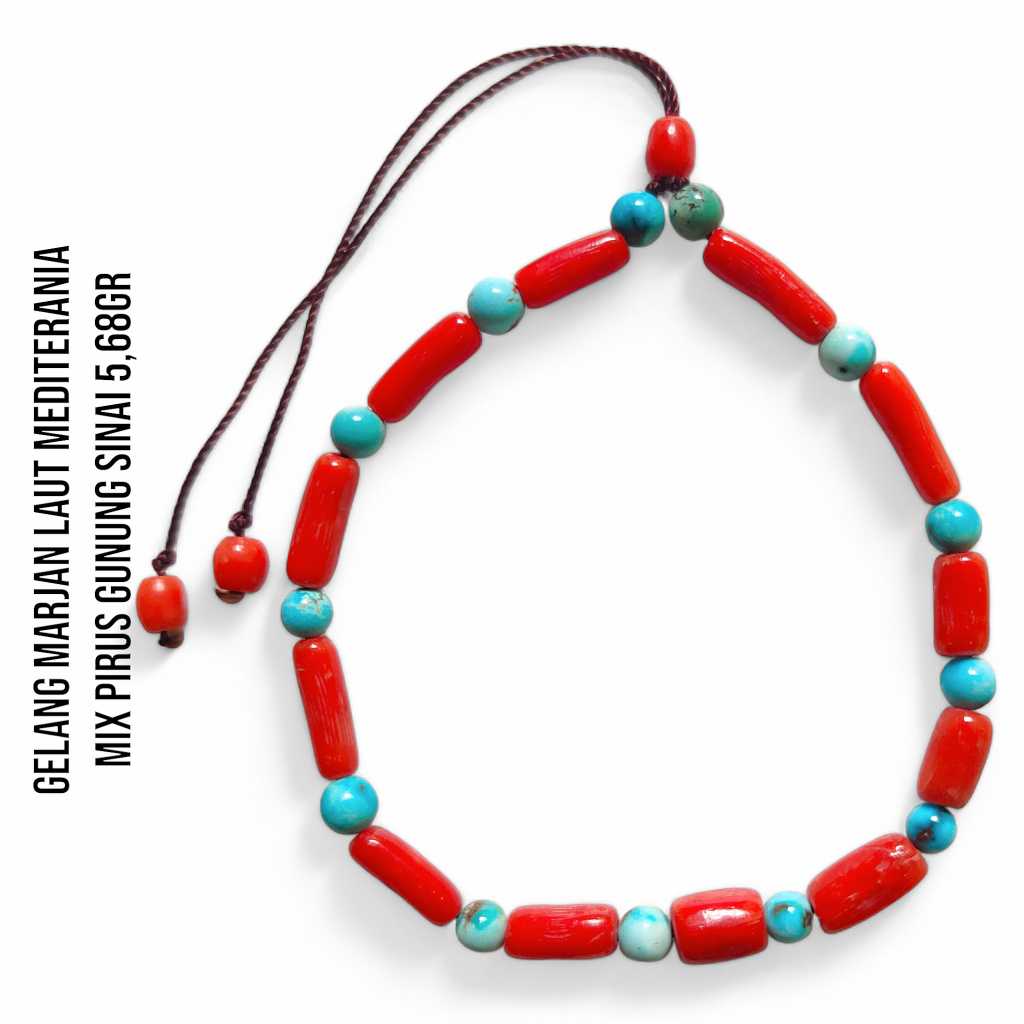Gelang Marjan Corallium Rubrum Asli Laut Mediterania mix Pirus Turquoise Mesir Asli Gunung Sinai 5,68 Gram