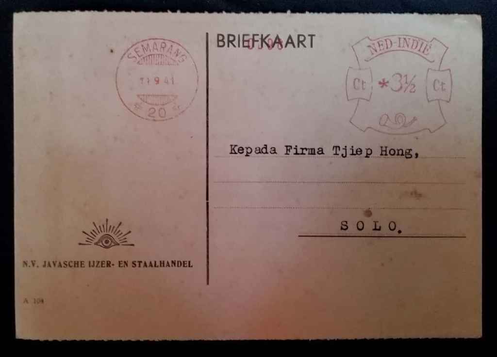Kartu Pos "BRIEFKAART"; Perangko NED INDIE 3,5 Cent: Semarang, 19 September 1941 (KPJB 0021)