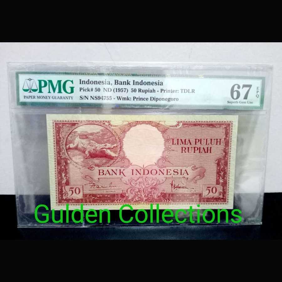 Uang Kuno 50 Rupiah Buaya 1957 UNC PMG 67 EPQ TOP