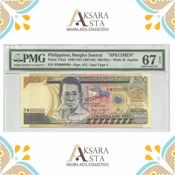 Specimen Uang Philippines 500 Piso Th 1987-94 PMG 67 EPQ
