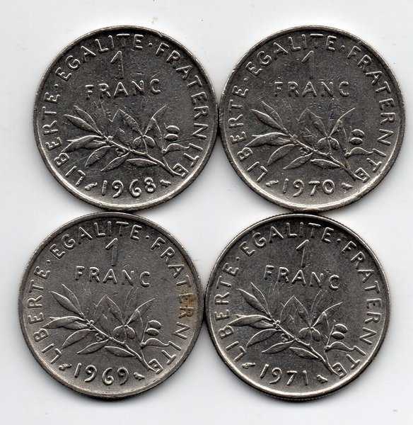 X69 Koin Prancis Pecahan 1 Francs Tahun 1968 1969 1970 1971 Total  4 Keping Kondisi Sesuai Gambar