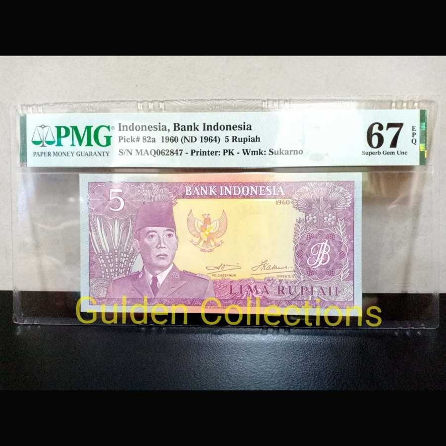 Uang Kuno 5 Rupiah Soekarno 1960 UNc pMG 67 EPQ