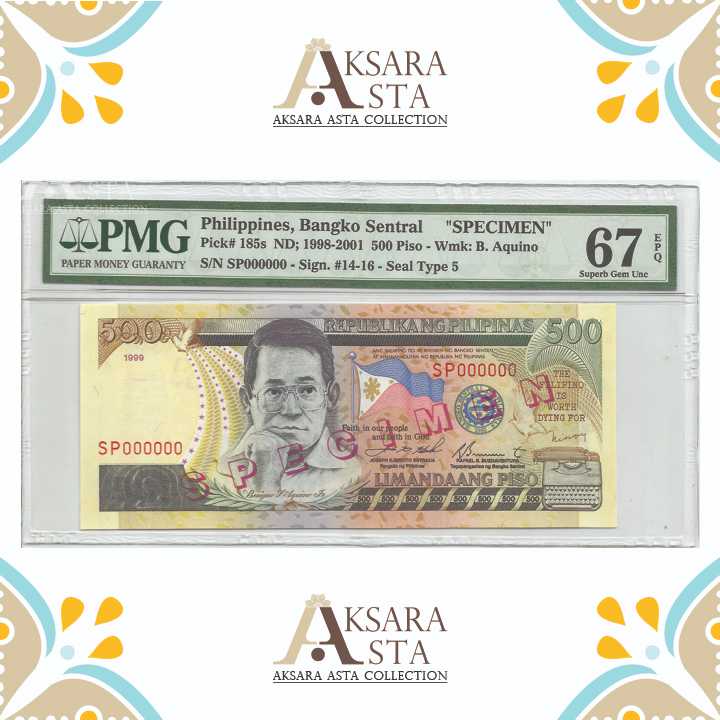 Specimen Uang Philippines 500 Piso Th 1998-2001 PMG 67 EPQ