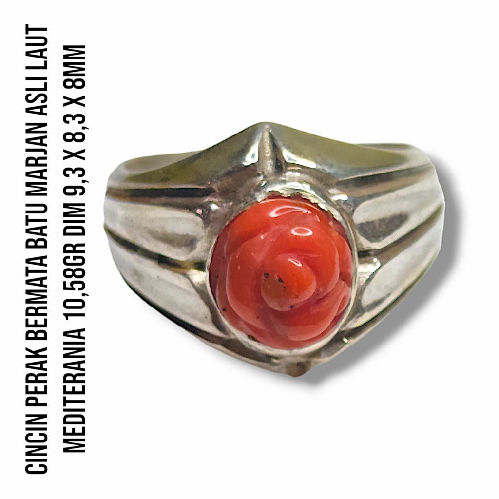 (TERJUAL) Cincin Perak Bermata Batu Marjan Corallium Rubrum Asli Laut Mediterania 10,58 Gram