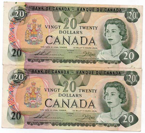 BL2530 Lot 2 Lembar Urut Canada 20 Dollar Tahun 1979 Bekas Sesuai Gambar