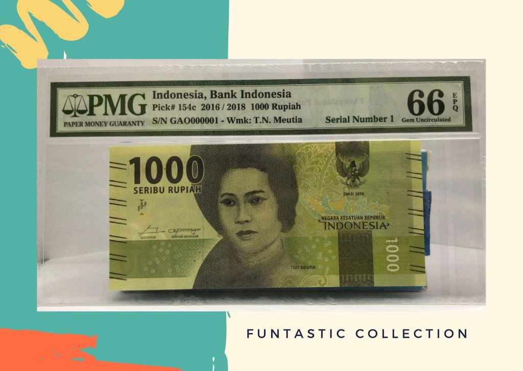 Uang Indonesia 1.000 Cut Meutia PMG 66 Serial Number 1